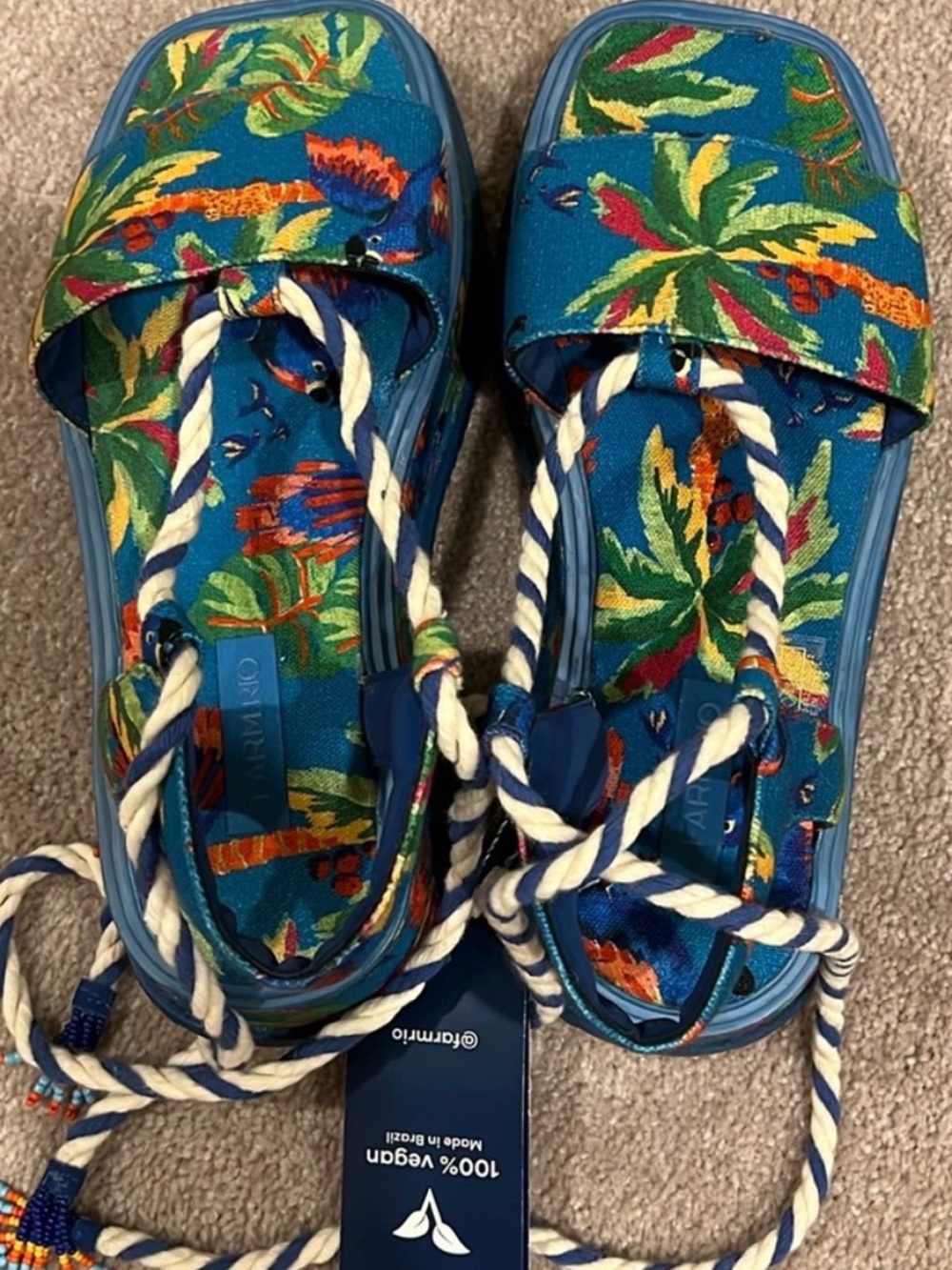 FARM Rio Blue Tropical Print Rope Sandals